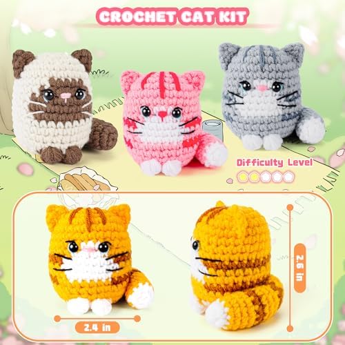 Crochet Kit for Beginners -4 PCS Cat Crochet Kit with Step-by-Step Video Tutorials, Learn to Crochet Kits for Adults, Beginner Crochet Kits for Adults, Animals Cat Crafts Knitting Kit Galentines Gifts - Image 3