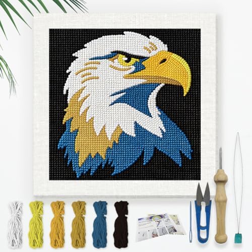 Doodlream Bald Eagle Needle Kit for Beginner, 9.4"x 9.4" Majestic Bird Punch Stitching Craft Set, Color DIY Embroidery Starter with Printed Frame, Instruction, Threader, Yarn, Pinch Needle by Doodlream