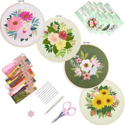 Bonroy 4 Sets Embroidery Set for Beginners, Art Craft, Easy Sewing Embroidery Kit Includes Embroidered Clothes with Patterns, Embroidery Hoops, Instruction Manual, Color Stitch Set (3) by Bonroy