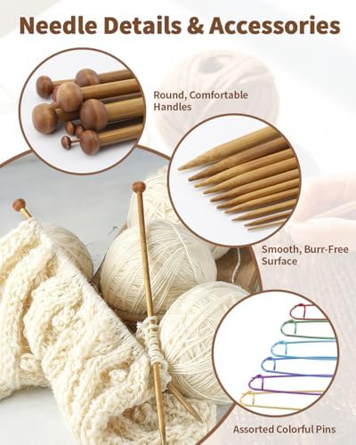9 Pairs Bamboo Knitting Needles Set with 6 Stitch Holders, 2-10mm Single Point Wooden Knitting Needles, 10in Long for Scarves, Hats, Beginners, Complete Knitting Accessories Kit - Image 3
