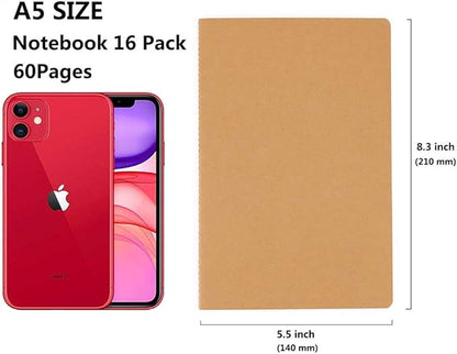 Wotion 16 Pack Kraft Notebooks, Journals in Bulk for Writing, Blank Paper Sketchbooks, 60 Pages Notebook, 8.3x5.5 Inch, A5 Size, Travel Journal Set, for Gifts, Students and Office Supplies