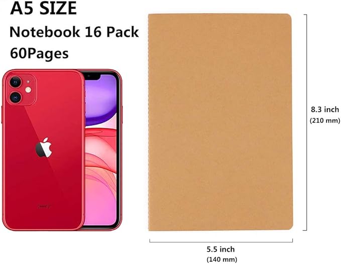 Wotion 16 Pack Notebook Journals for Travelers, Students and Office, Writing Diary Subject Notebooks Planner with Thick Paper, 60 Pages, 30 Sheets, 8.3x5.5 inch, A5 Size, Travel Journal Set.(Lined)