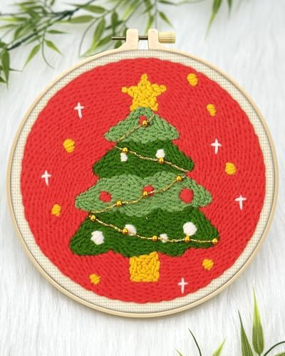 ERKOON Christmas Punch Needle Kit Adults Beginners, 2 Pcs DIY Easy Embroidery Set for Starter Art Craft, Needling Punch Project with Patterns, Tools, Yarns, Hoop, Instruction (ChristmasTree & Snowman) - Image 4