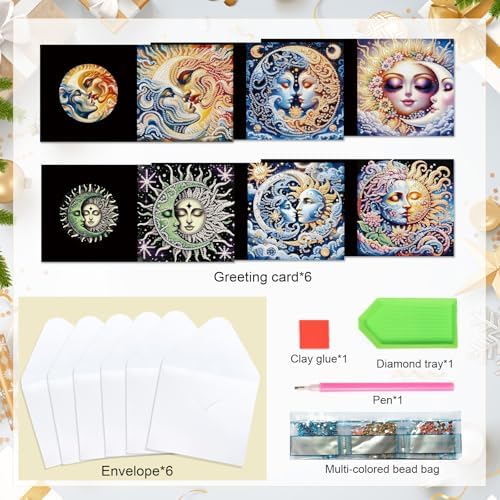 LazyFold 6 Pcs Diamond Art Painting Greeting Cards Kits, DIY Sun and Moon Handmade Festival Greeting Cards with Envelopes Diamond Art Crafts Birthday Cards Creative Gift - Image 3