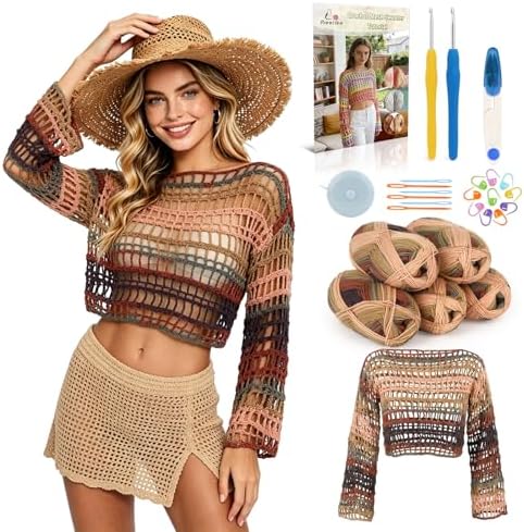 Aeelike Crochet Kit for Adults,Women Beach Crochet Top,Brown Cotton Yarn by Aeelikescrochetworld