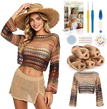 Aeelike Crochet Kit for Adults,Women Beach Crochet Top,Brown Cotton Yarn by Aeelikescrochetworld