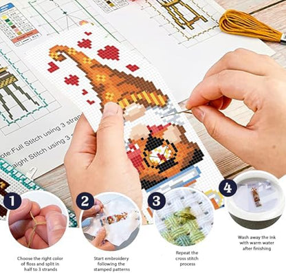 FREEBLOSS 6 Set Cross Stitch Bookmark Kit 11 CT Stamped Cross Stitch Kit DIY Embroidery Bookmark Kits for Adult Beginners with Instructions, Gnome Pattern, 6 x 20 cm/8" x 2.4" - Image 4