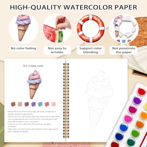 Easy Summer Holiday Watercolor Workbook, Water Coloring Book, 12 Patterns, 18 Colors Watercolors Paint Set, Watercolor Kit for Beginners, Relaxing DIY Art Gift for Adults Women Teen - Image 3