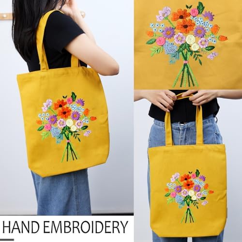 Canvas Tote Bag Embroidery Kit with Pattern for Beginners, Arts and DIY Embroidery Crafts Kits for Adults, Instructions, thimble, Embroidery Hoops, Color Threads (yellow, CR002 zhaolufanhua) - Image 2
