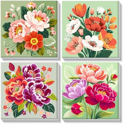 Lxmsja 4 Pack Colorful Peony Quartet Paint by Numbers Kit for Adults, Easy Framed Paint by Numbers for Adults Beginner, DIY Acrylic Oil Painting Craft Kits for Home Wall Decor 8x8 inch by Lxmsja
