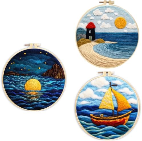 3 Sets Wool Felt Sets Seascape Scenery Needle Felting Kits DIY Handmade Wool Felt Painting Kits Home Decor Needle Felt Starter Sets Gifts with Instructions and Foam Pad for Beginners (Yellow) by Unknown