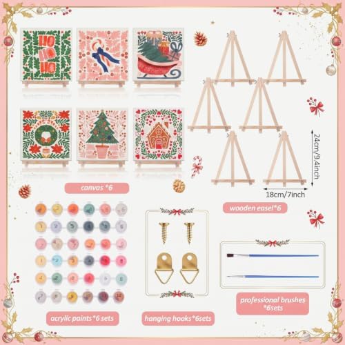 YooNotee 6 Pack Christmas Paint by Numbers Kit for Adults Nordic Winter Theme Canvas Painting Set 8 x 8 Inch with Acrylic Paints Brushes Easels, Holiday DIY Art Craft - Image 2