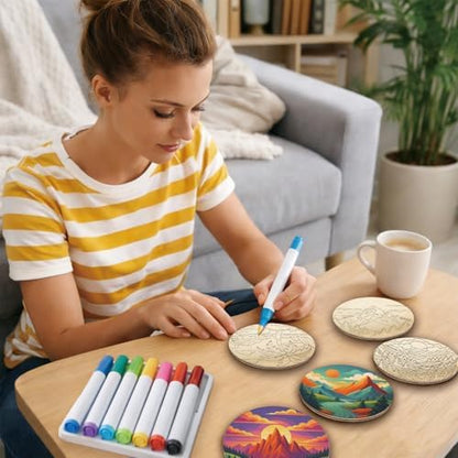 26PCS Wood Coasters Craft Kit 10 Paint You Own Coaster with 16 Markers Wooden Coasters Painting Set for Adults Beginners DIY Coaster Kit Landscape Painting Crafts Art Supplies(Landscape) - Image 6