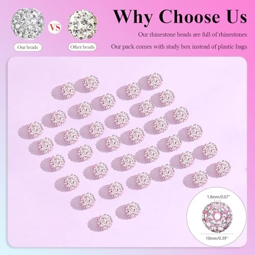Dowarm 255PCS 10mm Rhinestone Beads, Pink Rhinestone Clay Beads for Baseball Necklace Bracelet Jewelry Making Crafts Beaded Pen, Round Polymer Clay Shamballa Pave Disco Diamond Bead - Image 3