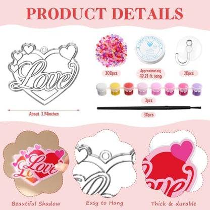 Dunzoom 30 Packs Valentine's Day Crafts, Heart Suncatcher Kit for Window Art, DIY Valentines Stained Glass Effect Painting Craft Kits, Classroom Valentine Gifts Party Favors Decorations - Image 2