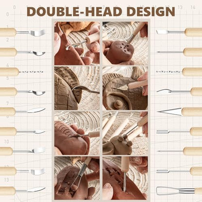 22PCS Wooden Pottery Sculpting Tools, Wood Clay Cleaning Tool Set, Ceramic Modeling Tool for Carving, Molding, Cutting, Trimming, Pottery Wheel, Crafting Supplies, Beginners, Adults, Students - Image 3