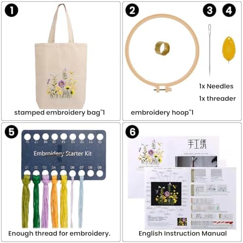 CREAWONDER Canvas Tote Bag Embroidery Kit with Pattern for Beginners, Arts and DIY Embroidery Crafts Kits for Adults, Include Instructions, Embroidery Hoops, Color Threads and Tool - Image 4