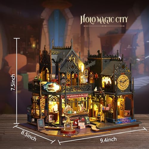 Plustopoy Miniature House Kit DIY Mini House Building Kit with LED Light, DIY Mini Dollhouse with Furniture Book Nook Kit, 3D Wooden Puzzle Wooden Bookend Shelf Insert Decro (Holo Magic City) - Image 5