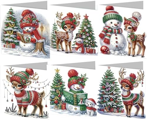 6 pcs Diamond Art Painted Greeting Cards, Moose Snowman 5D DIY Special Shape Diamond Card Creative Gifts, Christmas Thanksgiving Greeting Card Congratulation by Unknown