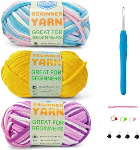 3 * 50g/1.76oz Yarn for Crocheting and Knitting, 3 * 60yds Beginner Yarn with Easy-to-See Stitches; Worsted-Weight Medium #4;Amigurumi-Friendly Crochet Kit(Violet+Yellow+Blushing Blue) by SIXLAMB