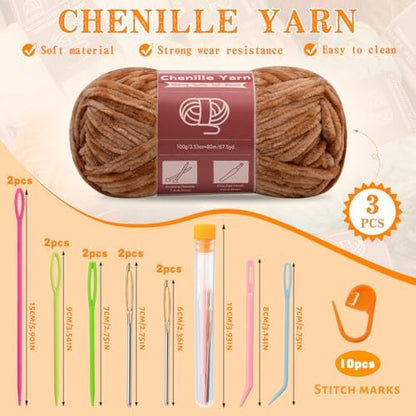 LUNARM Chenille Yarn 3 Pack 3.5oz Chunky Blanket Velvet Yarn 263 Yard - Image 2
