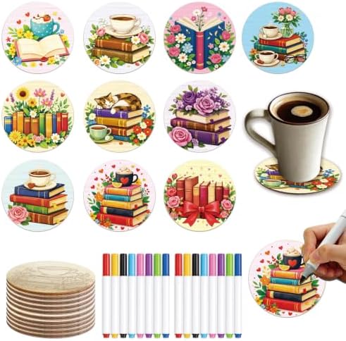26PCS Wood Coasters Craft Kit 10 Paint You Own Coaster with 16 Pens Wooden Coaster Painting Set Coasters for Drinks Book and Flower Painting Crafts Art Supplies (Book and Flower) by TWINKLEMON