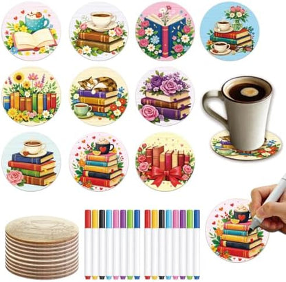 26PCS Wood Coasters Craft Kit 10 Paint You Own Coaster with 16 Pens Wooden Coaster Painting Set Coasters for Drinks Book and Flower Painting Crafts Art Supplies (Book and Flower) by TWINKLEMON