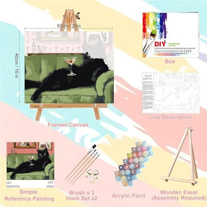 Black Cat Paint by Numbers for Adults with Framed Canvas - Wooden Easel - Image 2