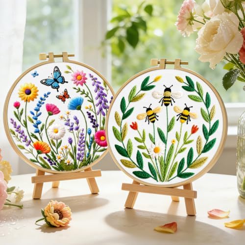 ERKOON 2 Set Embroidery Kit for Adult Beginners Flower Bee Cross Stitch Set - Image 6