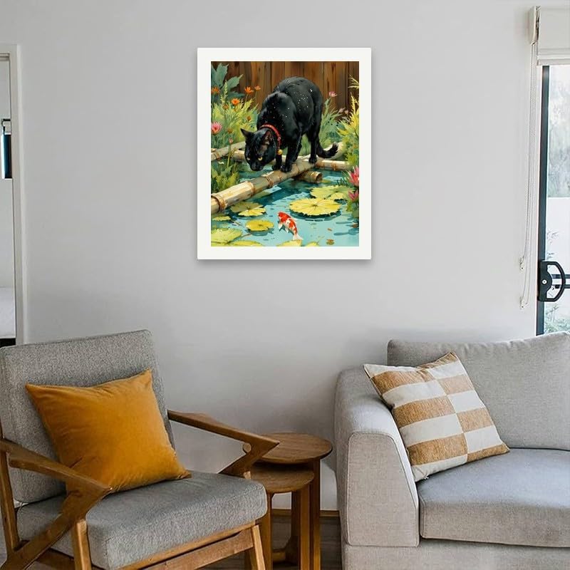 Animal & Garden Paint by Numbers Kit for Adults - DIY Black Cat Watching Koi Fish Painting on Canvas 16x20 Inches, Acrylic Paint Set, Suitable for Beginners,Pet Art for Home Decoration/Gifts - Image 4