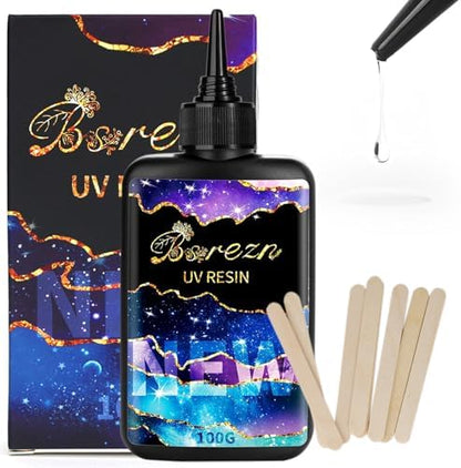 Bsrezn 100g UV Resin Hard with 8 Wooden Sticks for Jewelry Making (100g) by Bsrezn-theBestResin
