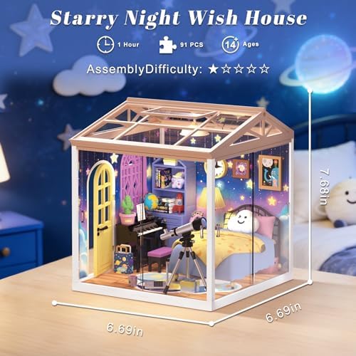 DIY Starry Night Wish Miniature House Kit with LED Light, Telescope & Piano, Roof & Dust Covers Sets, Tiny House Toys for Adults - Image 2