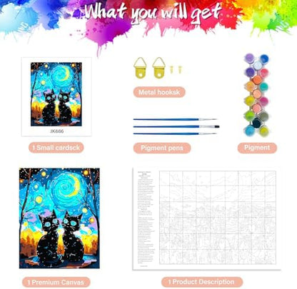 Yunnuo Paint by Numbers Kit for Adults Two Black Cat, Adult Paint by Number Kits Animals and Starry Night,DIY Paintwork with 3 Paintbrushes and Acrylic Paints,Perfect for Home Wall Decor 16x20 Inch - Image 5