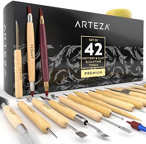 ARTEZA Pottery & Sculpting Tools, 42-Piece Clay Tools Set with Wooden Handles & Steel Tips for Polymer Clay, Ceramics, Carving, Modeling, Shaping & Smoothing by ARTEZA