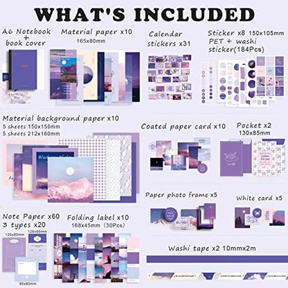 Draupnir Aesthetic Scrapbook Kit(348pcs), Bullet Junk Journal Kit with Journaling/Scrapbooking Supplies, Stationery,A6 Grid Notebook with Graph Ruled Pages DIY Scrapbook Gift for Girl Kid(Moonlight) - Image 2