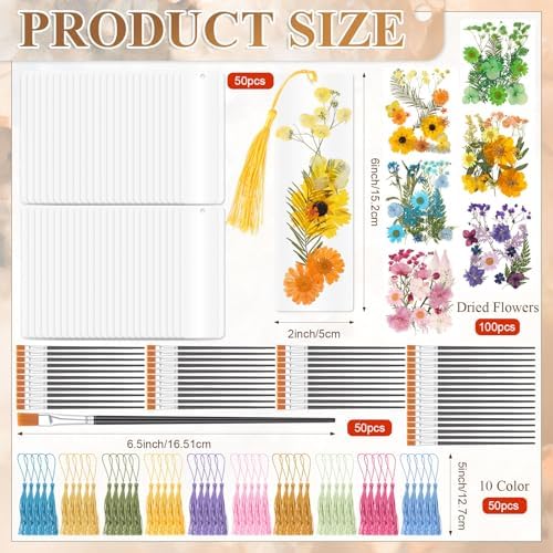 Maitys 250 Pcs Dried Flower Bookmark Making Kit Adult DIY Pressed Flower Transparent Bookmark Craft 50 2x6in Acrylic Blank 50 Tassel 50 Brush 100 Dried Floral Project Party Gift for Adults Reader - Image 2