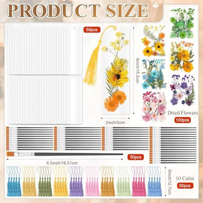 Maitys 250 Pcs Dried Flower Bookmark Making Kit Adult DIY Pressed Flower Transparent Bookmark Craft 50 2x6in Acrylic Blank 50 Tassel 50 Brush 100 Dried Floral Project Party Gift for Adults Reader - Image 2