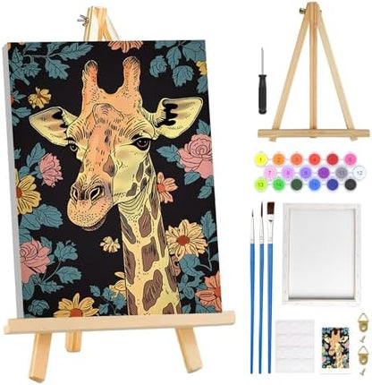 MOGTAA Paint by Numbers Kit for Adults with Frame, Giraffe Paint by Number Canvas, Flowers Paint by Numbers with Easel, DIY Animal Oil Painting Kit for Home Wall Decor 8 x 12 Inch by MOGTAADIYHomeDecor