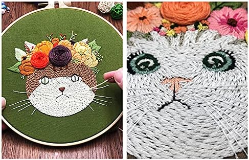 Mozzyyee Embroidery Starter kit, DIY Adult Beginner Embroidery Kits, Including Cloth with Cat Patterns, Colored Threads, Needles, Hoops and Instructions (Green) - Image 4