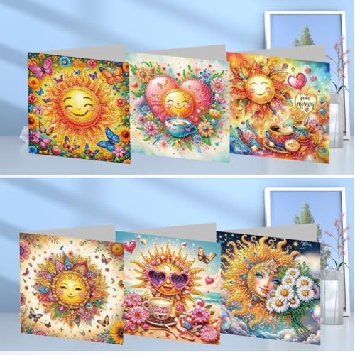 6pcs DIY Diamond Art Greeting Cards Kit with Envelopes&Tools - Create Your Own Sparkling Birthday, Thank You, Holiday Cards for Adults & Beginners(Sun) - Image 2