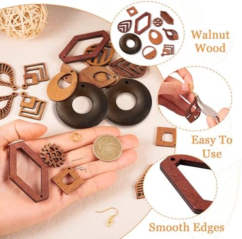 EEE ELECRELIVE 10 Pairs Wooden Dangle Earring Making Kit Wood Charms Teardrop Leaf Gear Rhombus Wooden Pendants with Earring Hooks Unfinished Wood Pendants for Bohemian Jewelry - Image 2