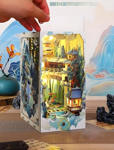 Book Nook Kit for Adults, DIY Dollhouse Booknooks Penglai Wonderland Landscape Decor Chinese Landscapes Bookshelf Insert with Dust Cover LED 3D Wooden Puzzle Assembly Model Creative Gift - Image 3