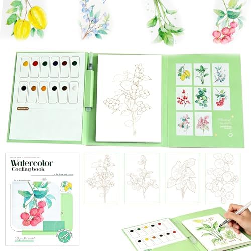 Travel Watercolor Kit for Adults & Beginners, Pocket 3-Fold Watercolor Coloring Book, All-in-One Creative Stress Relief Art Kit, Portable Watercolor Painting Books, Fruits Theme by ElvesBeauty