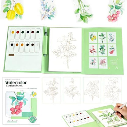 Travel Watercolor Kit for Adults & Beginners, Pocket 3-Fold Watercolor Coloring Book, All-in-One Creative Stress Relief Art Kit, Portable Watercolor Painting Books, Fruits Theme by ElvesBeauty