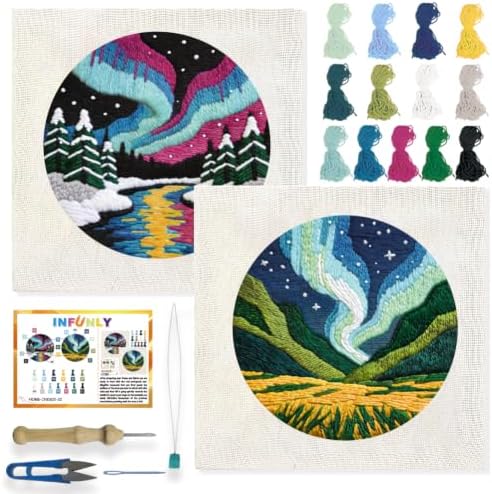INFUNLY 2 Set Aurora Scenery Punch Needle Kit Natural Landscape Punch Needle Embroidery Kits for Adults DIY Punch-Stitching Kit with Instruction Threader Needles Frame for Wall Decor by INFUNLY