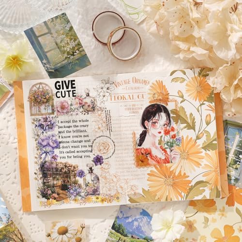 Aromoty Scrapbooking Supplies Kit, Botanical Aesthetic Vintage Scrapbook Kit for Bullet Junk Journal A6 Grid Notebook Stationary (Centaury Love) - Image 7