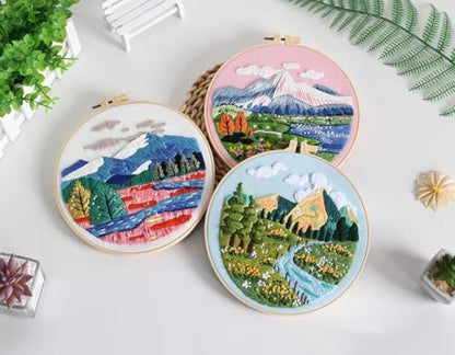 Konrisa 3 Pcs Landscape Embroidery Kits, Mountain Flower Village Pattern Cross Stitch Kit, DIY Sewing Practice Kits for Adults Home Decoration,Include Embroidery Cloth Threads and Needles,1pc Hoops - Image 4
