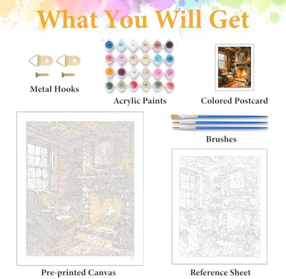 Paint by Numbers Kit for Adults, Cozy Fireplace & Rustic Cabin, 16x20 Inch - Image 5