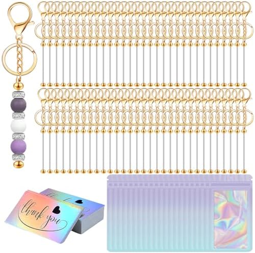 42/84/126 Pcs Beadable Keychain Bars Bulk Blank DIY Beaded Keychain Making Supplies with Bag Thank You Card by Unknown