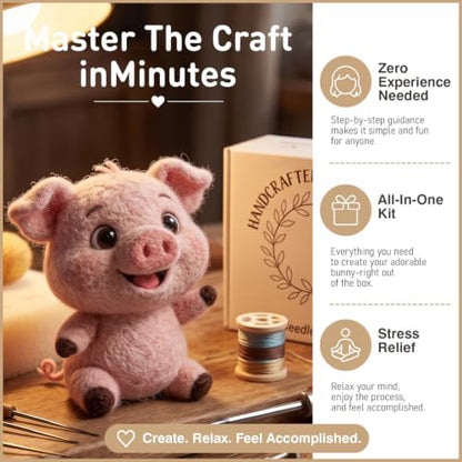 DIY Needle Felting Kit Cute Happy Waving Pink Piglet – Needle Felting Starter Kit with Fiber Roving, Needles, Felting Pad & Instructions | Felted Farm Animal Kit for Beginners Adults | DIY Craft Gift - Image 3